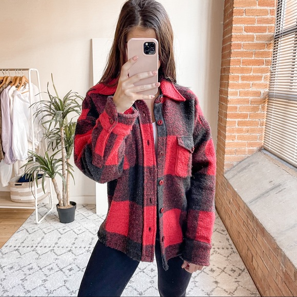 Anine Bing Jackets & Blazers - Anine Bing Bobbi Wool Shacket Jacket Buffalo Plaid Red